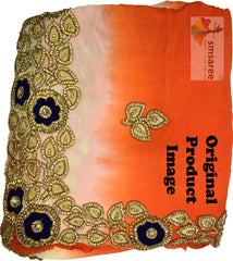 Orange Designer Wedding Partywear Georgette Thread Stone Beads Hand Embroidery Work Bridal Saree Sari With Blouse Piece H319