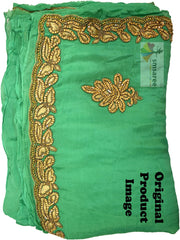 Green Designer Wedding Partywear Georgette Thread Stone Beads Hand Embroidery Work Bridal Saree Sari With Blouse Piece H320