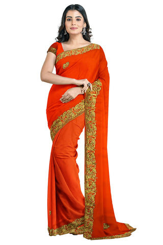 Orange Designer Wedding Partywear Georgette Thread Stone Beads Hand Embroidery Work Bridal Saree Sari With Blouse Piece H321