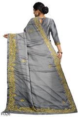 Grey Designer Wedding Partywear Chinon Crepe Stone Cutdana Hand Embroidery Work Bridal Saree Sari With Blouse Piece H326