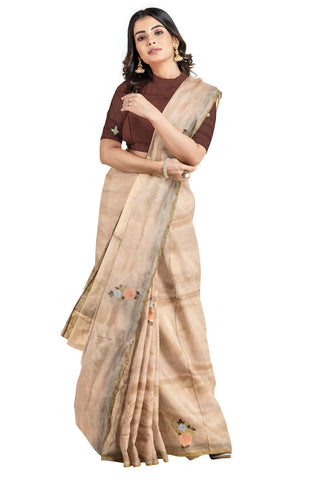 Cream Designer Wedding Partywear Dola Silk Stone Beads Thread Sequence Hand Embroidery Work Bridal Saree Sari With Blouse Piece H331