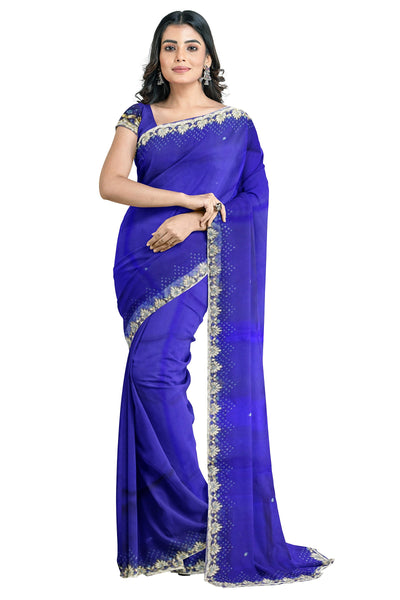 Blue Designer Wedding Partywear Pure Georgette Stone Beads Cutdana Hand Embroidery Work Bridal Saree Sari With Blouse Piece H332