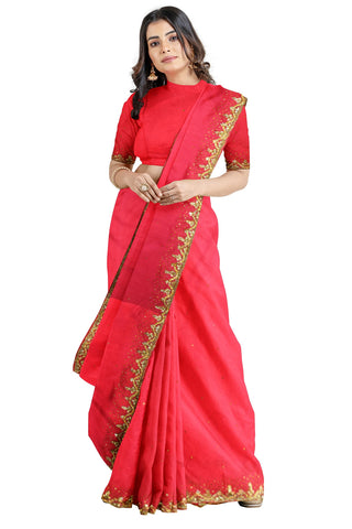 Red Designer Wedding Partywear Vichitra Silk Stone Beads Cutdana Hand Embroidery Work Bridal Saree Sari With Blouse Piece H333
