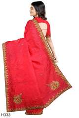 Red Designer Wedding Partywear Vichitra Silk Stone Beads Cutdana Hand Embroidery Work Bridal Saree Sari With Blouse Piece H333