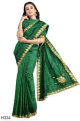 Green Designer Wedding Partywear Vichitra Silk Stone Cutdana Hand Embroidery Work Bridal Saree Sari With Blouse Piece H334