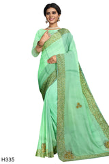 Green Designer Wedding Partywear Pure Crepe Chinon Cutdana Sequence Stone Hand Embroidery Work Bridal Saree Sari With Blouse Piece H335