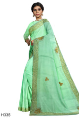 Green Designer Wedding Partywear Pure Crepe Chinon Cutdana Sequence Stone Hand Embroidery Work Bridal Saree Sari With Blouse Piece H335