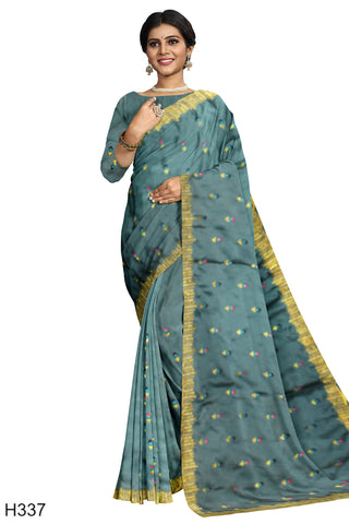 Grey Designer Wedding Partywear Chinon Stone Thread Zari Hand Embroidery Work Bridal Saree Sari With Blouse Piece H337