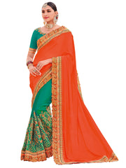 Orange & Green Two Tone Satin Georgette Heavy Designer Half-Half Saree Sari
