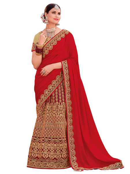 Red & Maroon Satin Georgette & velvet Heavy Designer Half Half Saree Sari