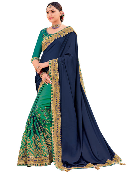 Violet & Green Two Tone Satin Heavy Designer Half Half Saree Sari