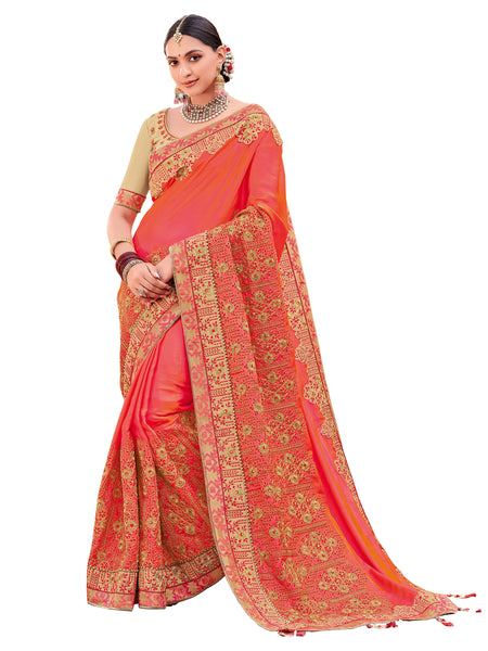 Orange Two Tone Satin Heavy Designer Saree Sari