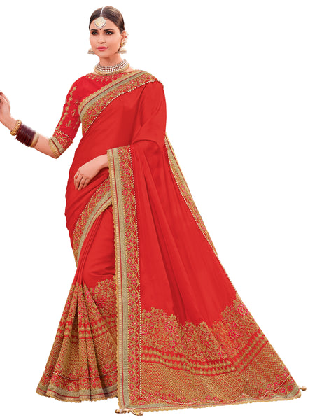 Red Two Tone Satin Heavy Designer Saree Sari