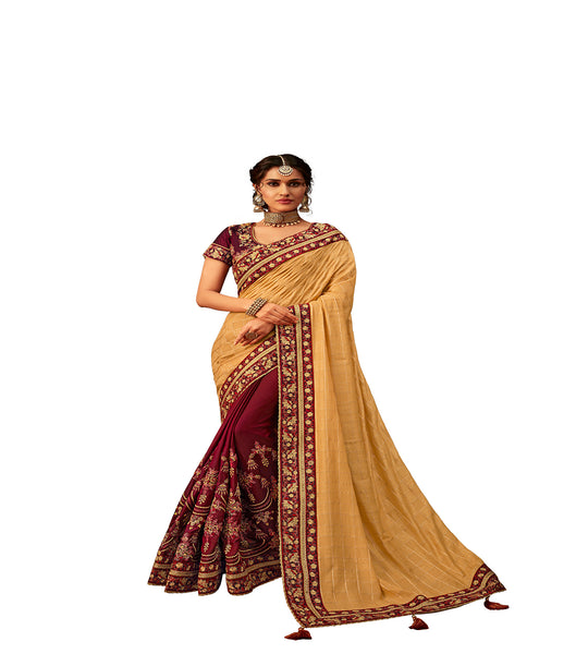 Yellow & Maroon Poly Silk Half-Half Fancy Designer Saree Sari