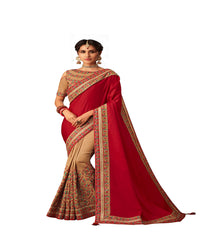 Red & Beige Poly Silk Half-Half Fancy Designer Saree Sari