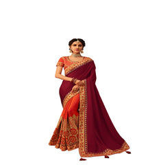 Maroon & Orange Poly Silk Half-Half Fancy Designer Saree Sari