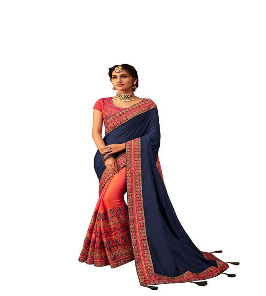 Navy Blue & Peach Poly Silk Half-Half Fancy Designer Saree Sari