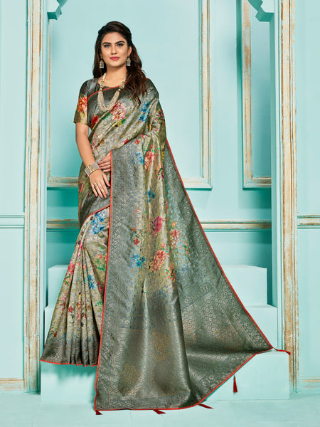 Grey Jacquard Silk Heavy Work Saree Sari