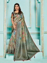 Grey Jacquard Silk Heavy Work Saree Sari