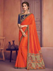 Orange Poly Silk Heavy Work Saree Sari
