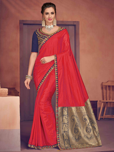 Red Poly Silk Heavy Work Saree Sari