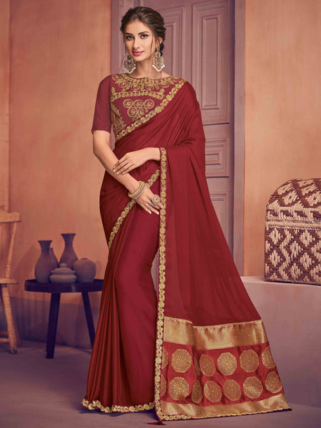 Maroon Poly Silk Heavy Work Saree Sari