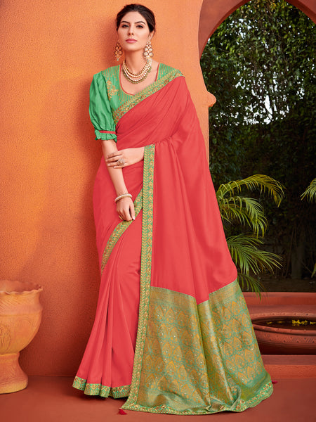 Orange Silk Fabrics Full Designer Saree Sari