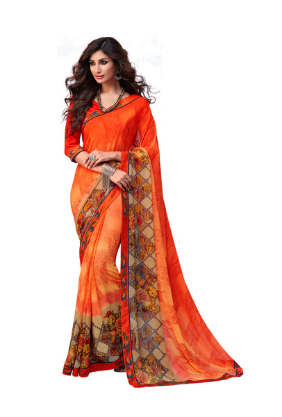 Orange Georgette Full Designer Saree Sari