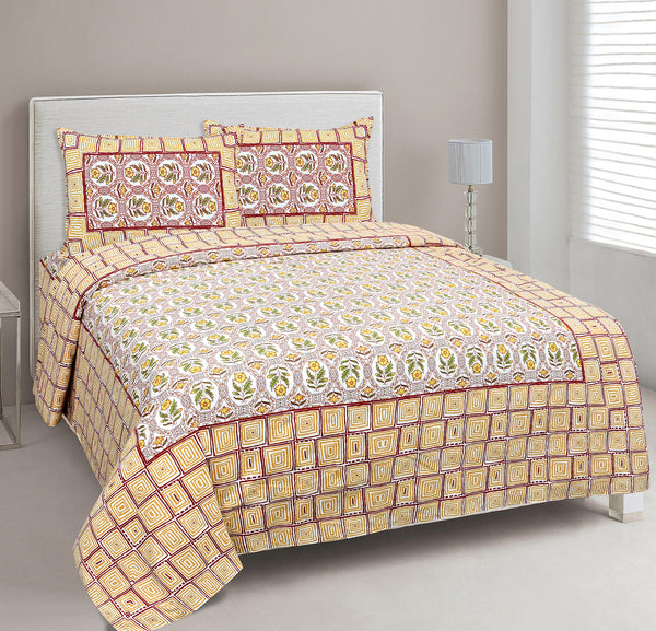 Yellow Pure Cotton Double Bed Ethnic Jaipuri Printed Bedsheet