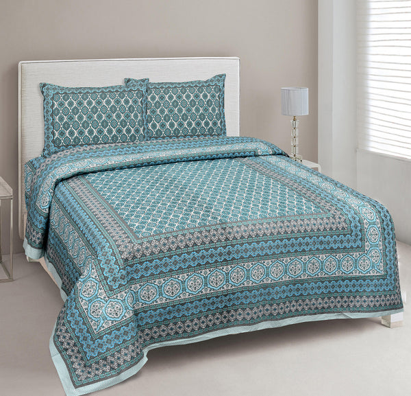 Turquoise Blue Pure Cotton Double Bed Ethnic Jaipuri Printed Bedsheet