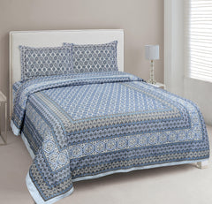 Blue Pure Cotton Double Bed Ethnic Jaipuri Printed Bedsheet