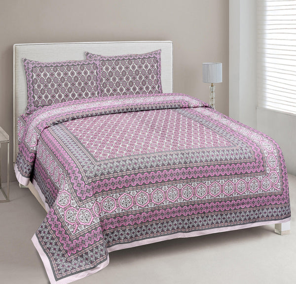 Pink Pure Cotton Double Bed Ethnic Jaipuri Printed Bedsheet