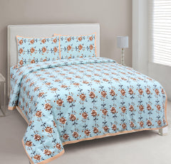 Sky Blue Pure Cotton Double Bed Ethnic Jaipuri Printed Bedsheet