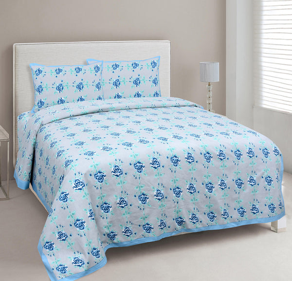 Grey & Blue Pure Cotton Double Bed Ethnic Jaipuri Printed Bedsheet