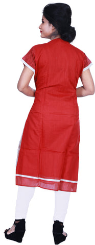 SMSAREE Red Designer Casual Partywear Cotton (Chanderi) Thread Hand Embroidery Work Stylish Women Kurti Kurta With Free Matching Leggings K78