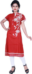 SMSAREE Red Designer Casual Partywear Cotton (Chanderi) Thread Hand Embroidery Work Stylish Women Kurti Kurta With Free Matching Leggings K78