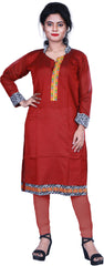 SMSAREE Red Designer Casual Partywear Cotton (Chanderi) Thread Hand Embroidery Work Stylish Women Kurti Kurta With Free Matching Leggings K882