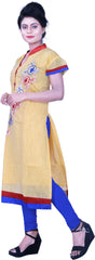SMSAREE Yellow Designer Casual Partywear Cotton (Chanderi) Thread Hand Embroidery Work Stylish Women Kurti Kurta With Free Matching Leggings K943