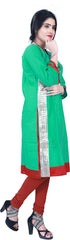 SMSAREE Green Designer Casual Partywear Cotton (Chanderi) Gota & Zari Hand Embroidery Work Stylish Women Kurti Kurta With Free Matching Leggings KB089