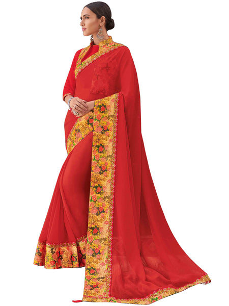 Red Chiffon Fancy Designer Saree Sari