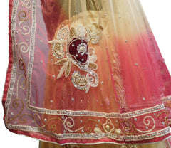 SMSAREE Pink & Cream Designer Wedding Partywear Net Stone Beads Cutdana & Pearl Hand Embroidery Work Bridal Lahenga Choli Dupatta SemiStitched LAE622