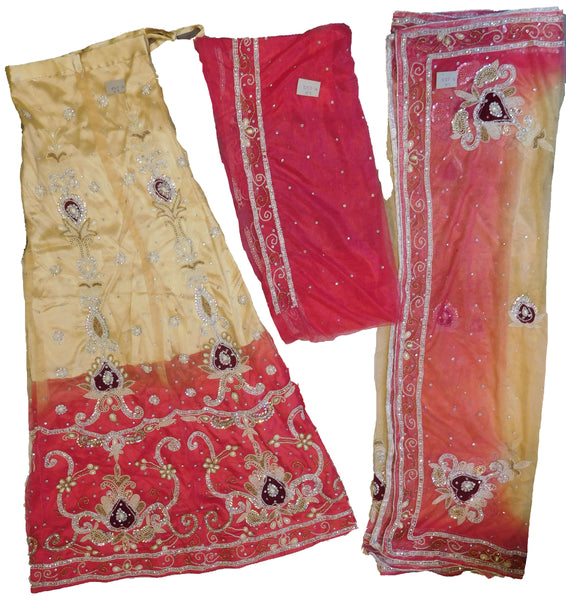 SMSAREE Pink & Cream Designer Wedding Partywear Net Stone Beads Cutdana & Pearl Hand Embroidery Work Bridal Lahenga Choli Dupatta SemiStitched LAE622