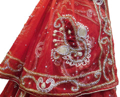 SMSAREE Red Designer Wedding Partywear Net Stone Beads Cutdana & Pearl Hand Embroidery Work Bridal Lahenga Choli Dupatta SemiStitched LAE623