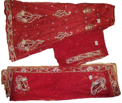 SMSAREE Red Designer Wedding Partywear Net Stone Beads Cutdana & Pearl Hand Embroidery Work Bridal Lahenga Choli Dupatta SemiStitched LAE623