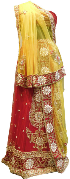 SMSAREE Yellow & Red Designer Wedding Partywear Net Stone Beads Cutdana Thread Bullion & Pearl Hand Embroidery Work Bridal Lahenga Choli Dupatta SemiStitched LAE625