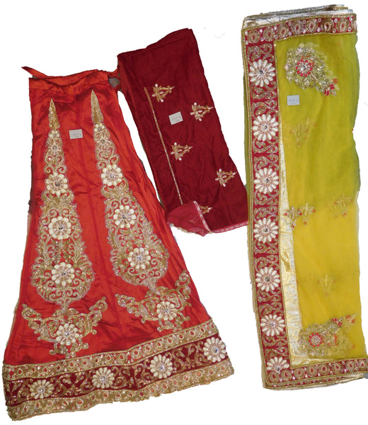 SMSAREE Yellow & Red Designer Wedding Partywear Net Stone Beads Cutdana Thread Bullion & Pearl Hand Embroidery Work Bridal Lahenga Choli Dupatta SemiStitched LAE625