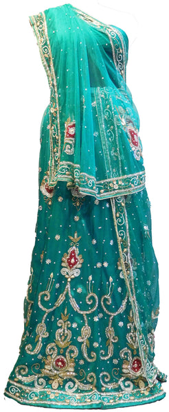 SMSAREE Turquoise Designer Wedding Partywear Net Stone Beads Cutdana & Pearl Hand Embroidery Work Bridal Lahenga Choli Dupatta SemiStitched LAE627