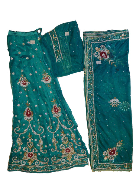 SMSAREE Turquoise Designer Wedding Partywear Net Stone Beads Cutdana & Pearl Hand Embroidery Work Bridal Lahenga Choli Dupatta SemiStitched LAE627