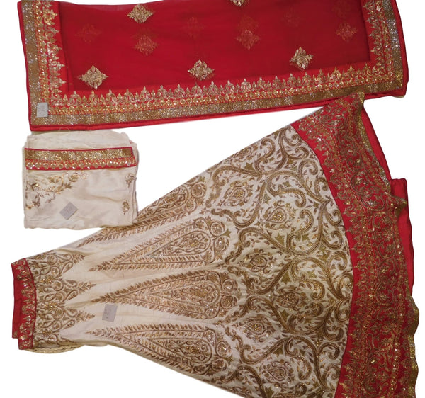 The Show Stopper Red & White Designer Bridal Hand Embroidery Sequence Bullion Pearl Zari Cutdana Work Pure Raw Silk Lahenga With Net Dupatta & Pure Raw Silk Blouse