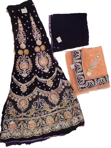 The Show Stopper Peach & Purple Designer Bridal Hand Embroidery Thread Bullion Pearl Zari Cutdana Work Wedding Velvet Lahenga With Net Dupatta & Plain (No Embroidery) Velvet Blouse